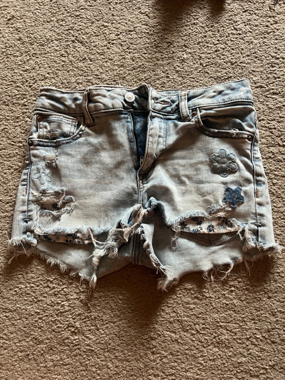 American Eagle Outfitters Light Blue Distressed Denim Shorts with Floral Accents